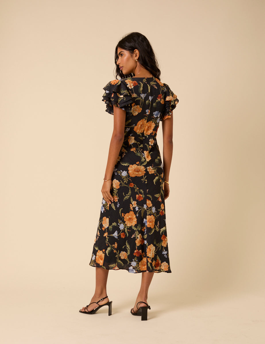Black Floral Frill Sleeve Layla Midi Dress