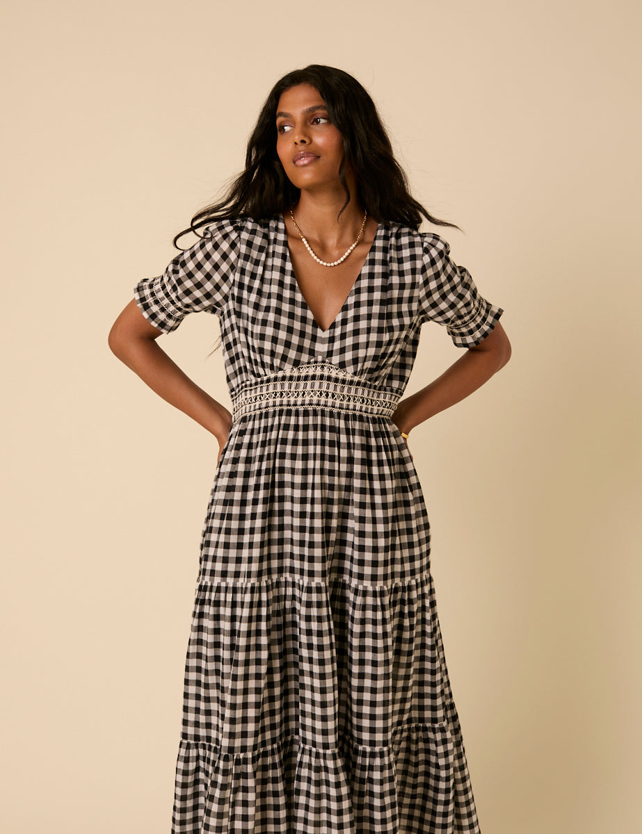 Black Gingham Harlow Midi Dress