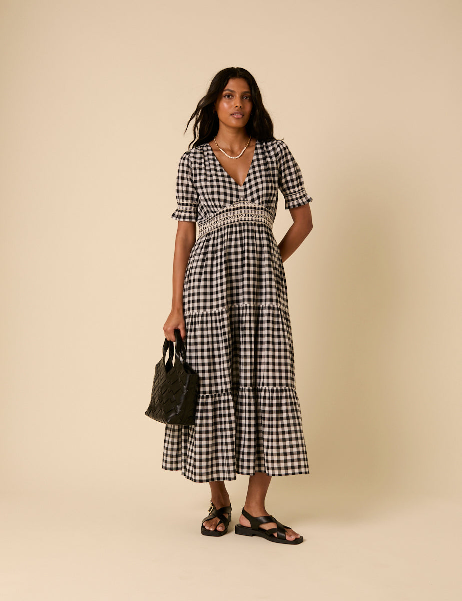Black Gingham Harlow Midi Dress