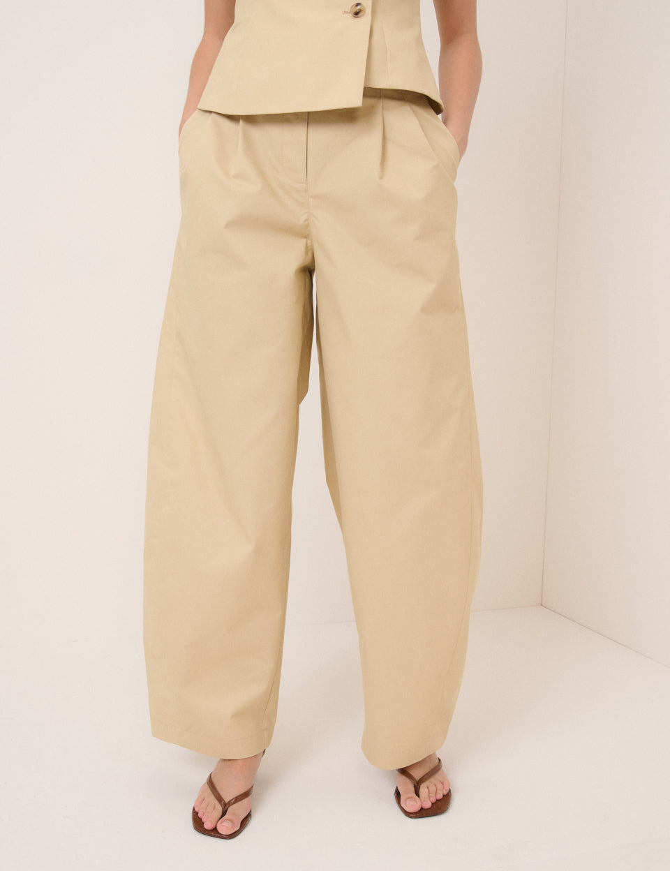 Beige Barrel Leg Tie Trousers