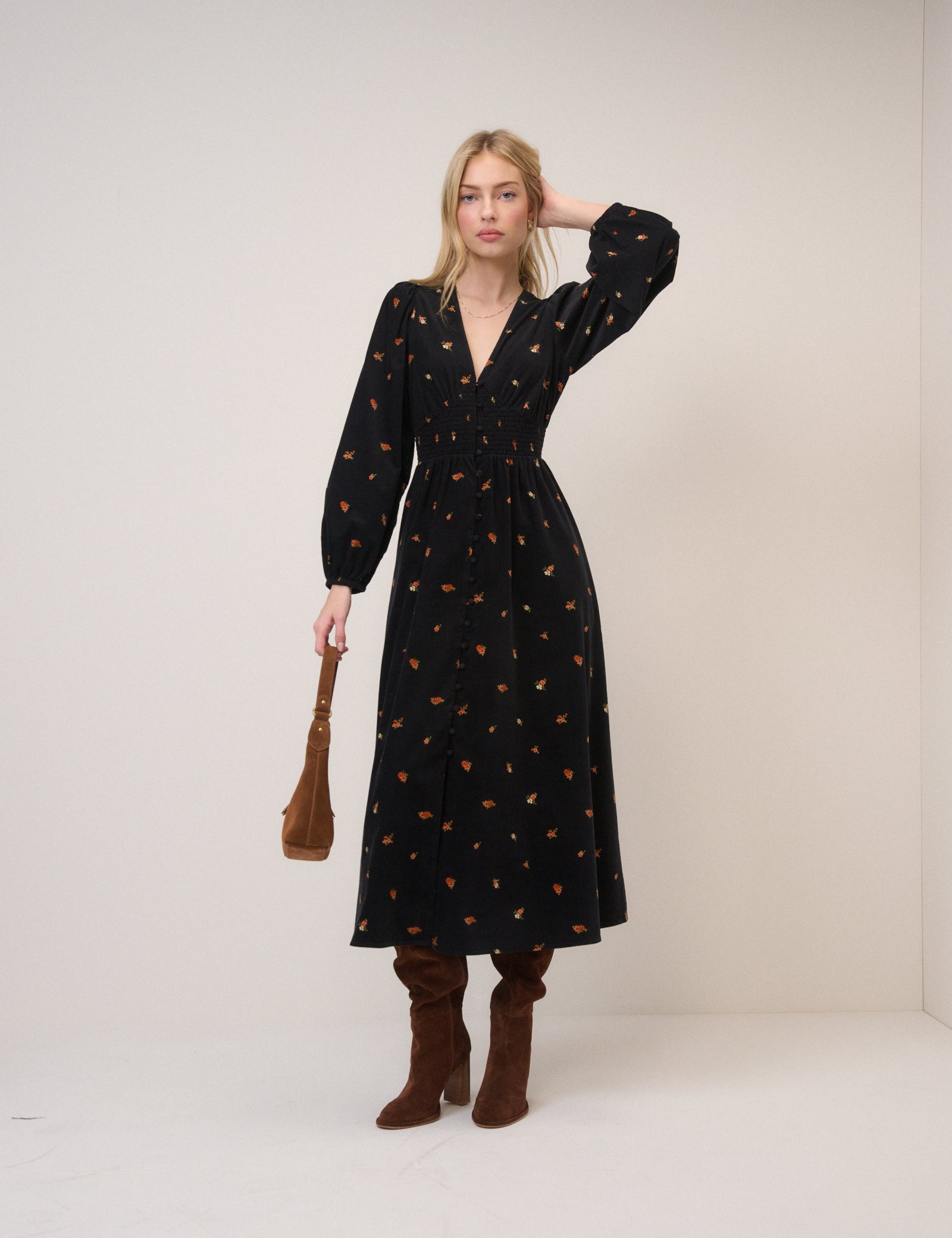Black Cord Floral Riley Shirred Waist Midi Dress