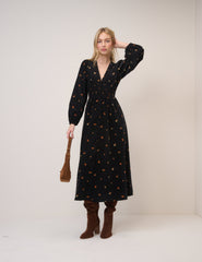 Black Cord Floral Riley Shirred Waist Midi Dress