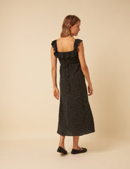 Black Polka Dot Ruffle Trim Libby Midi Dress