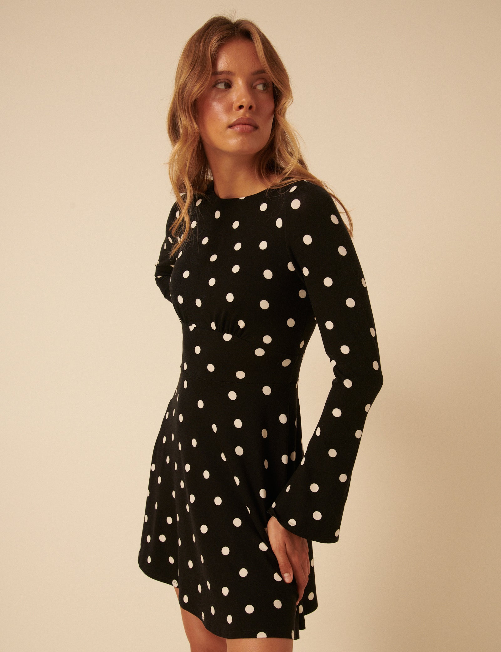 Black Polka Dot Long Sleeve Tate Jersey Mini Dress