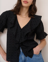 Black Embroidered Ruffle Trim Top