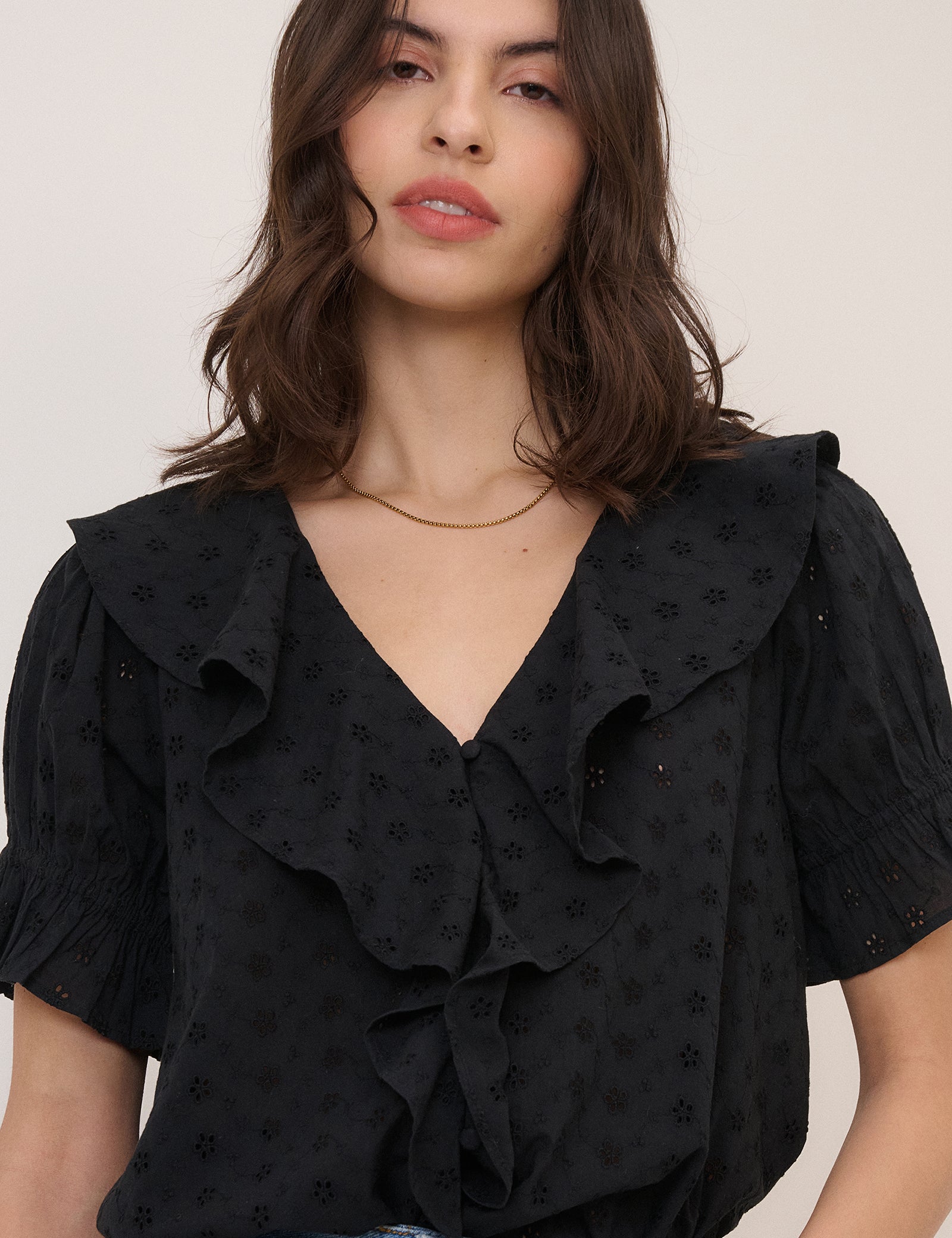 Black Embroidered Ruffle Trim Top
