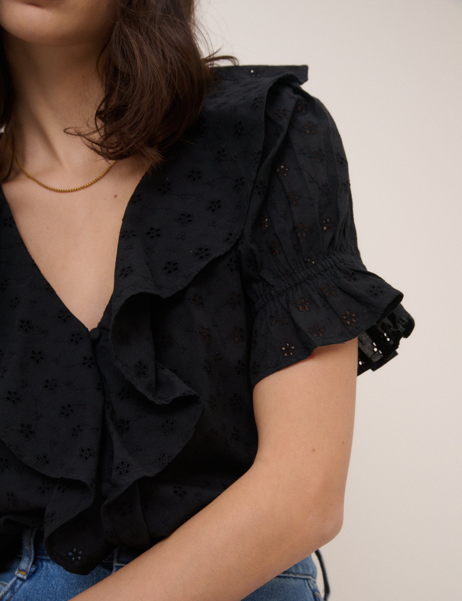 Black Embroidered Ruffle Trim Top
