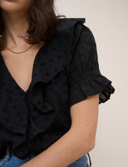 Black Embroidered Ruffle Trim Top