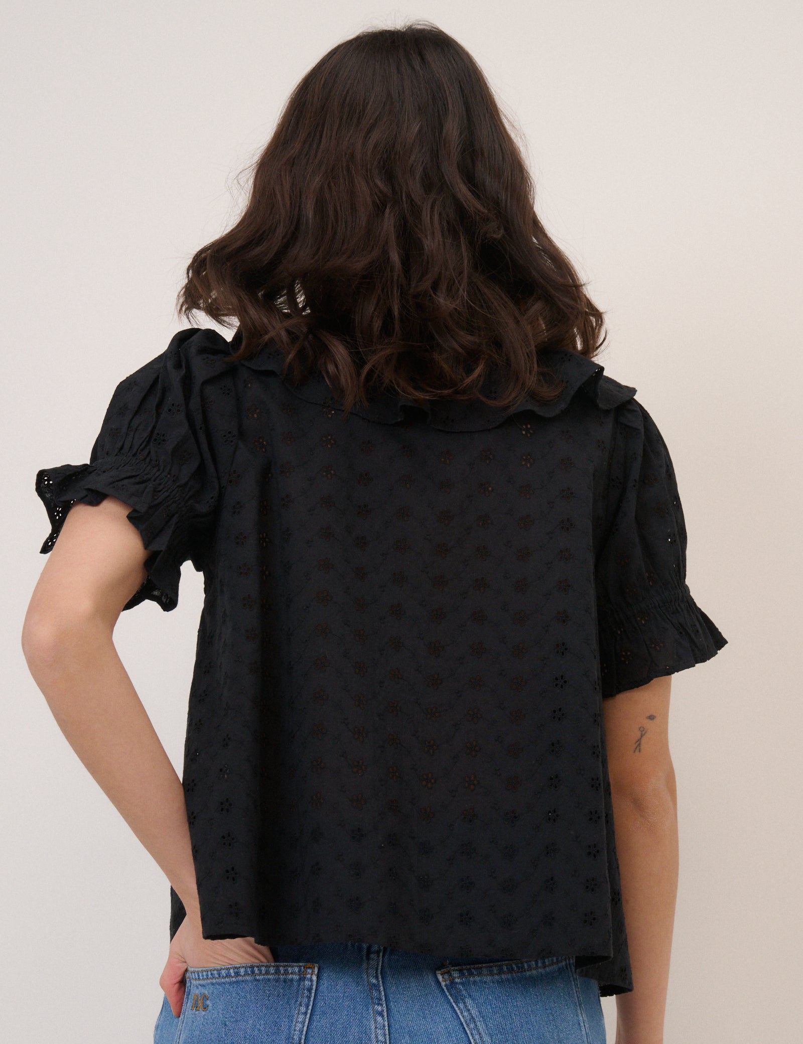 Black Embroidered Ruffle Trim Top