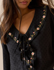 Black Embroidered Floral Ruffle Trim Top