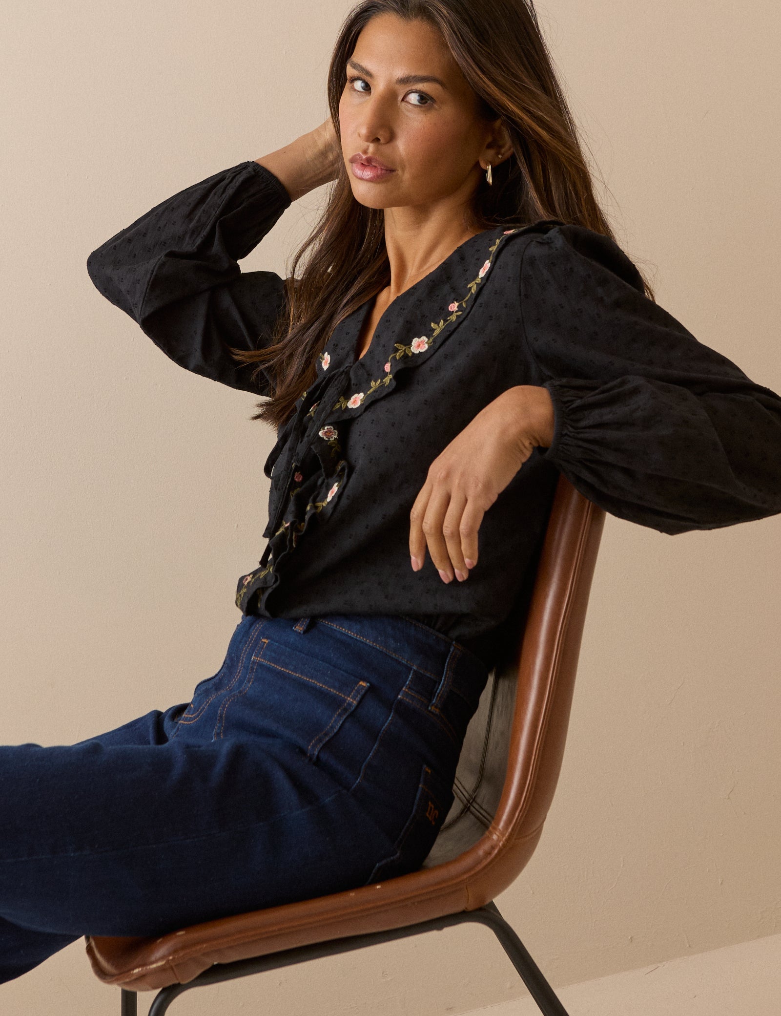Black Embroidered Floral Ruffle Trim Top