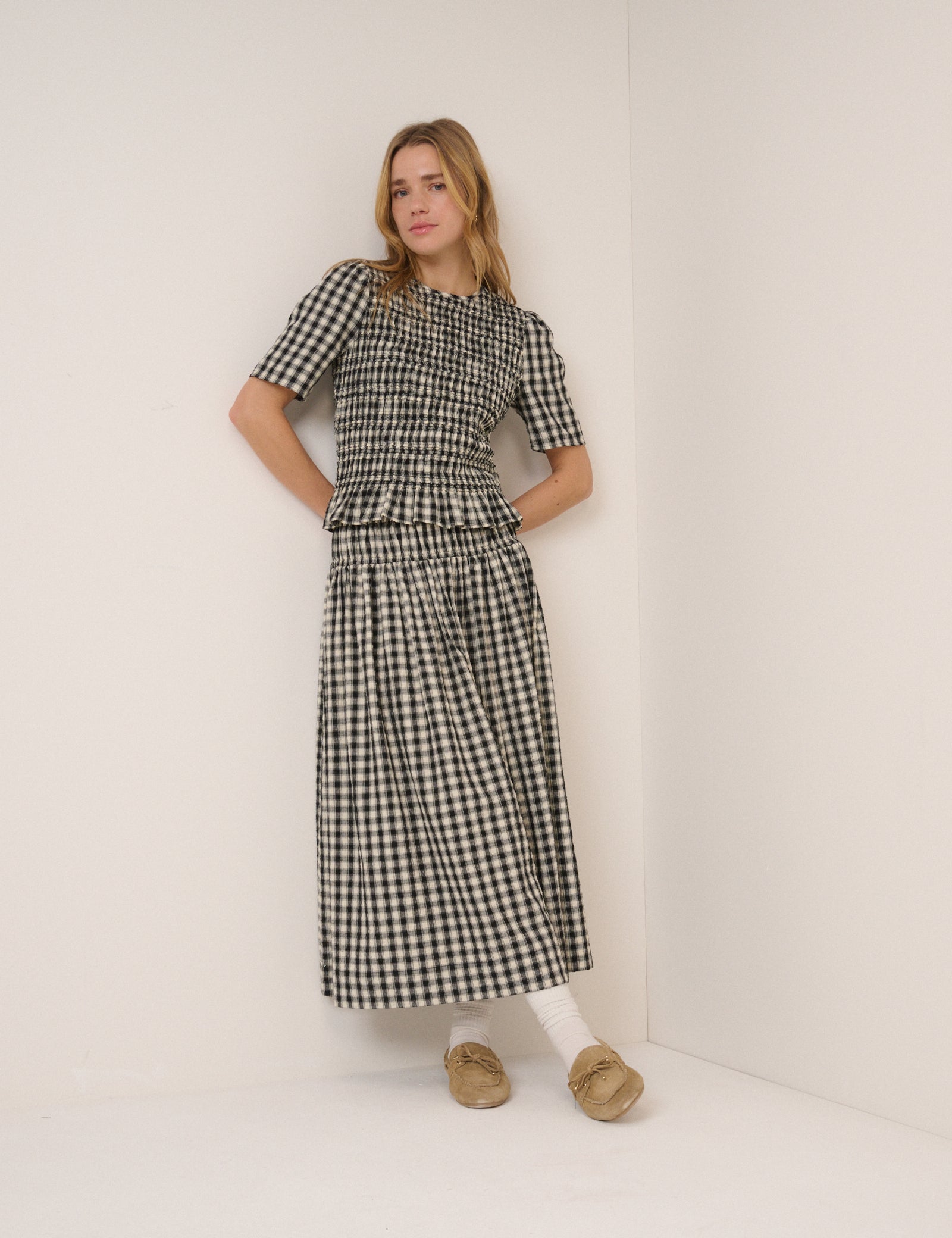 Black and White Gingham Shirred Top
