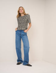 Black and White Gingham Shirred Top