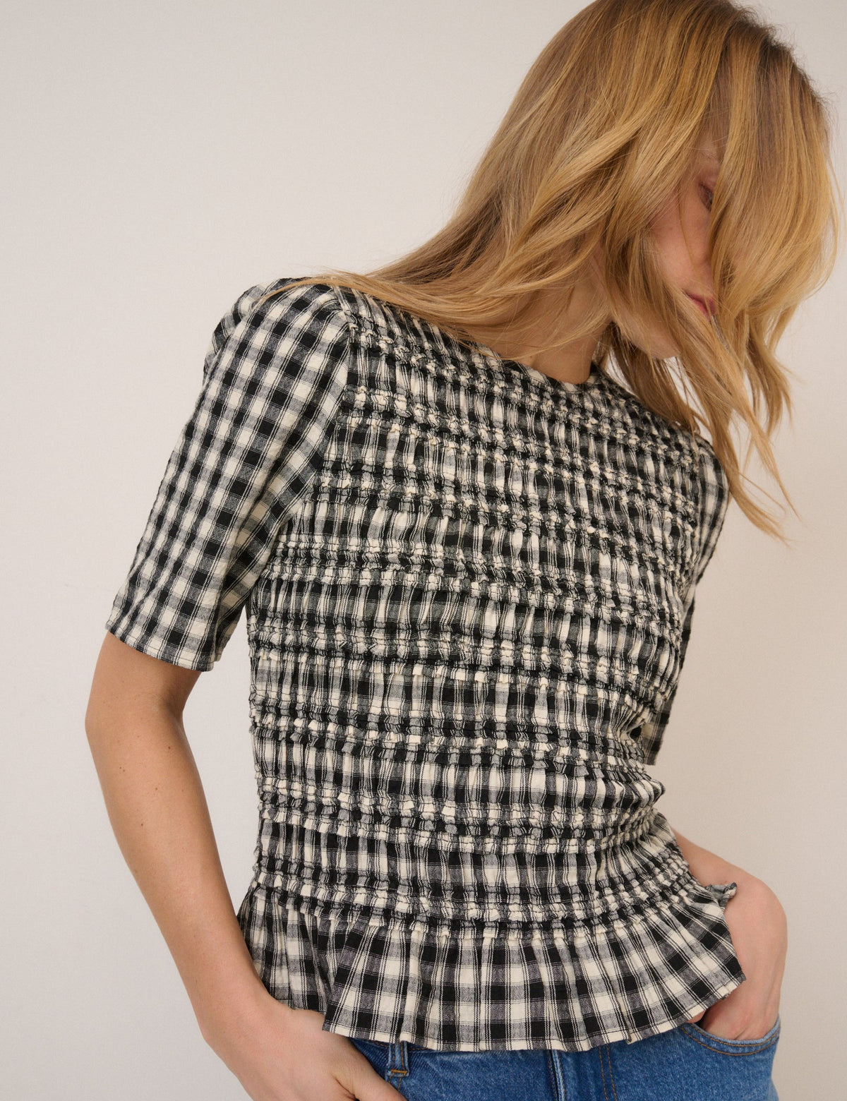Black and White Gingham Shirred Top