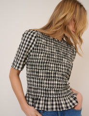 Black and White Gingham Shirred Top