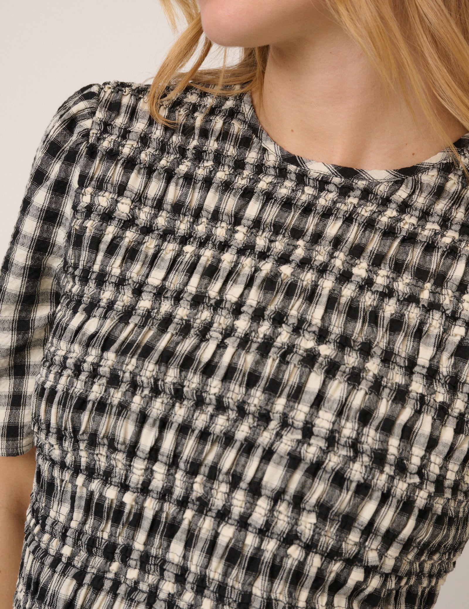 Black and White Gingham Shirred Top
