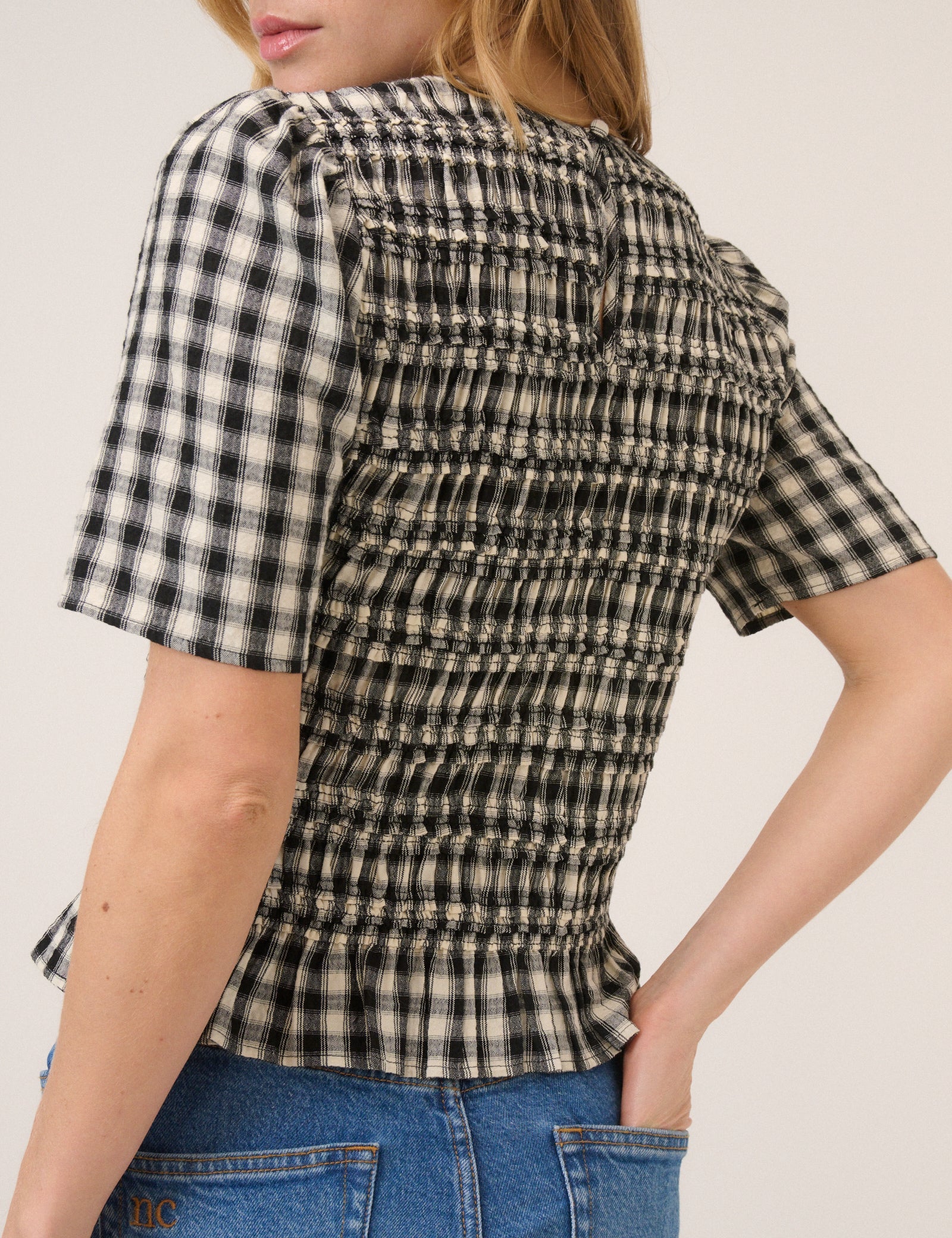 Black and White Gingham Shirred Top