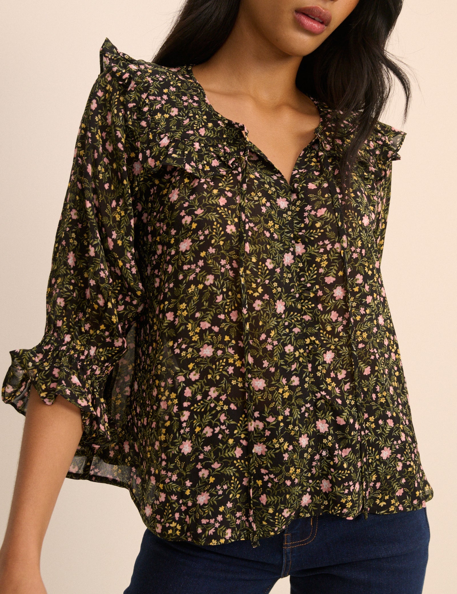 Black Floral Short Sleeve Blouse