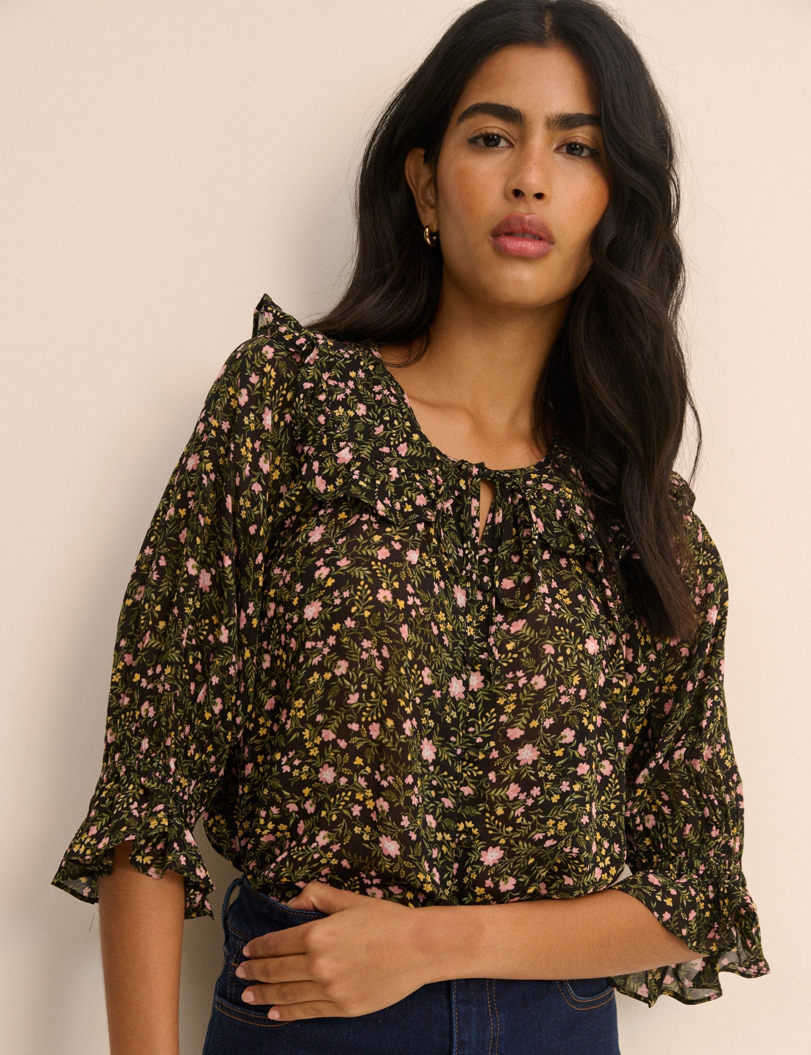 Black Floral Short Sleeve Blouse