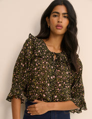 Black Floral Short Sleeve Blouse