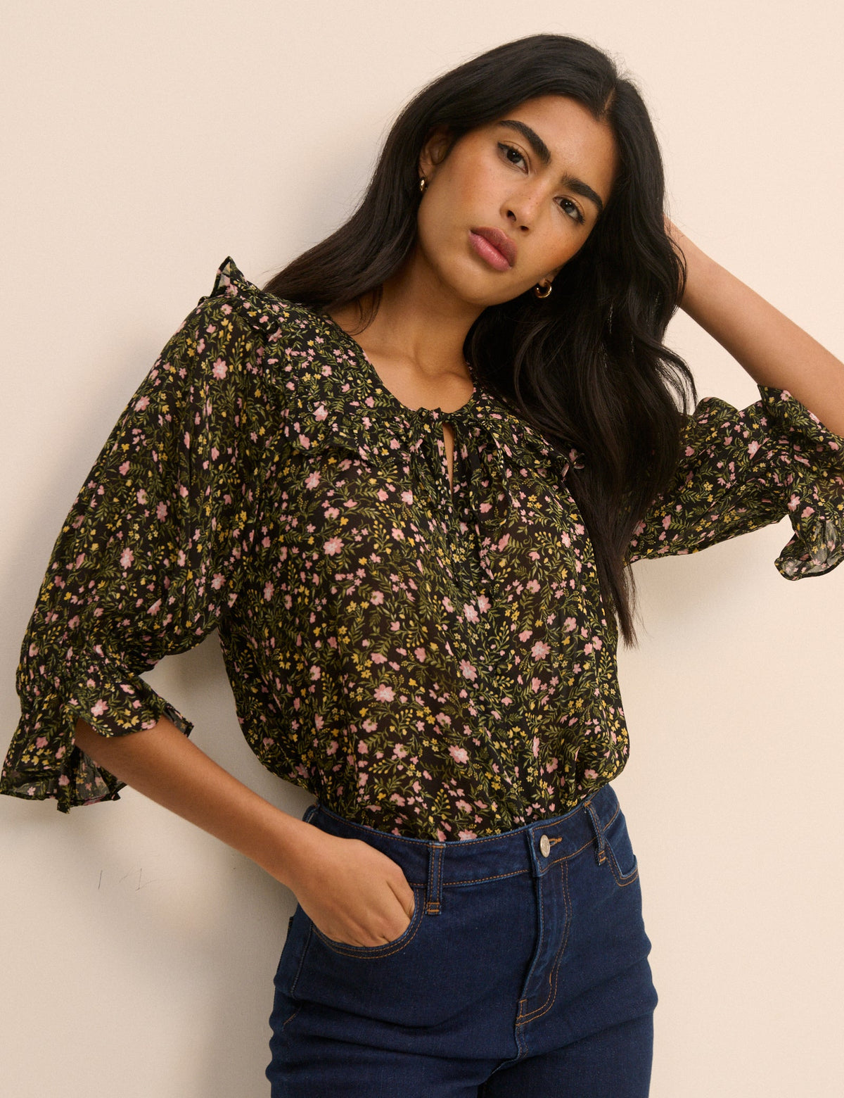 Black Floral Short Sleeve Blouse