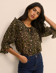 Black Floral Short Sleeve Blouse