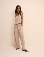 Beige Linen-Blend Swing Top