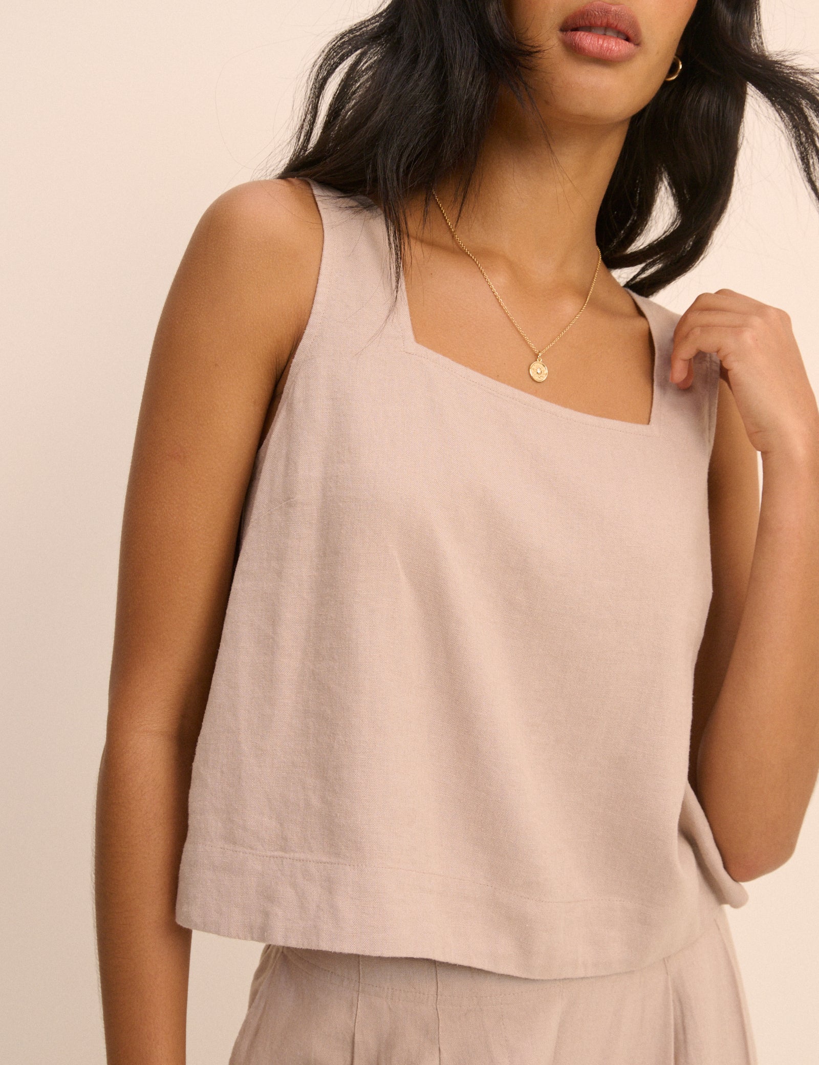 Beige Linen-Blend Swing Top