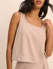 Beige Linen-Blend Swing Top