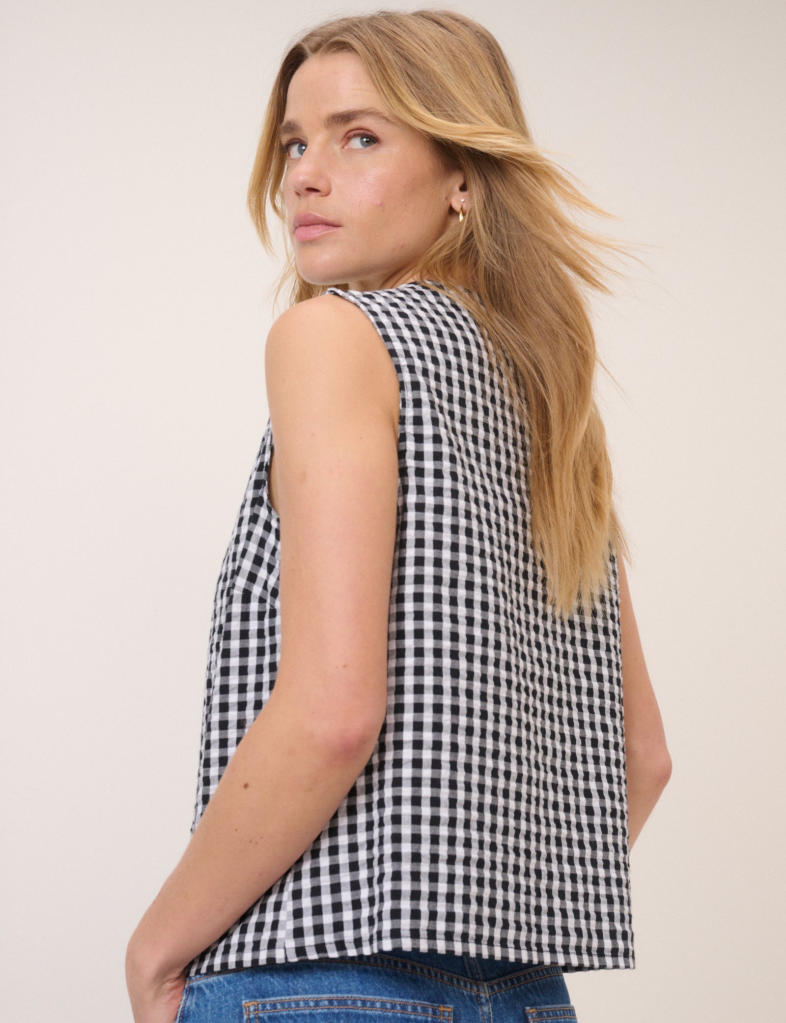 Black Gingham Linen-Blend Tie Front Tessa Top