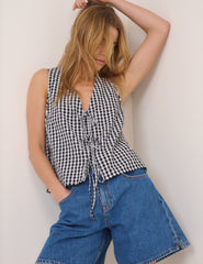 Black Gingham Linen-Blend Tie Front Tessa Top