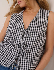 Black Gingham Linen-Blend Tie Front Tessa Top