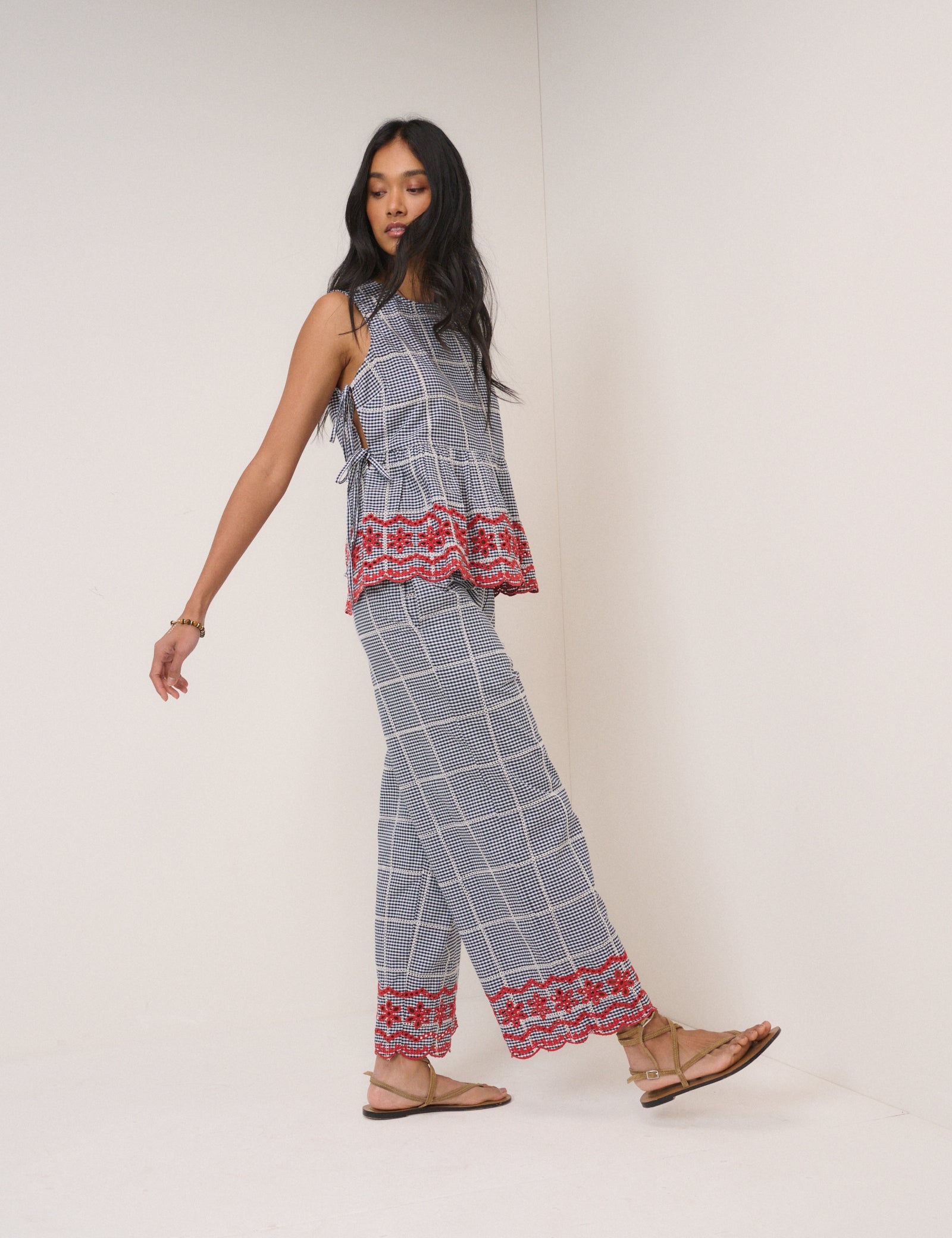Black Gingham Embroidered Cropped Trousers