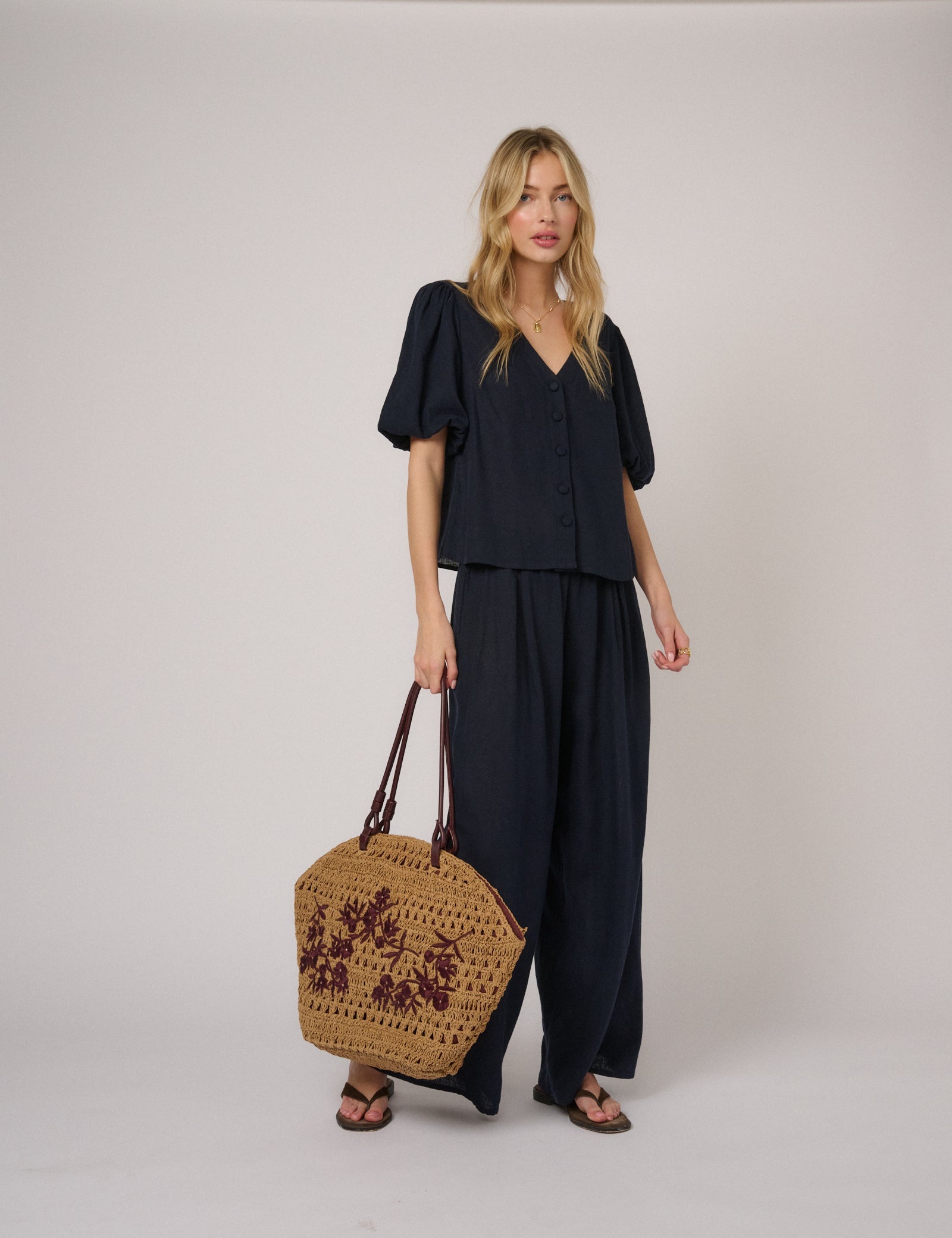 Beige Raffia Embroidered Basket Bag