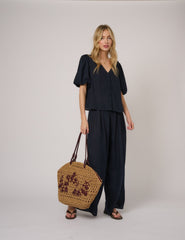 Beige Raffia Embroidered Basket Bag
