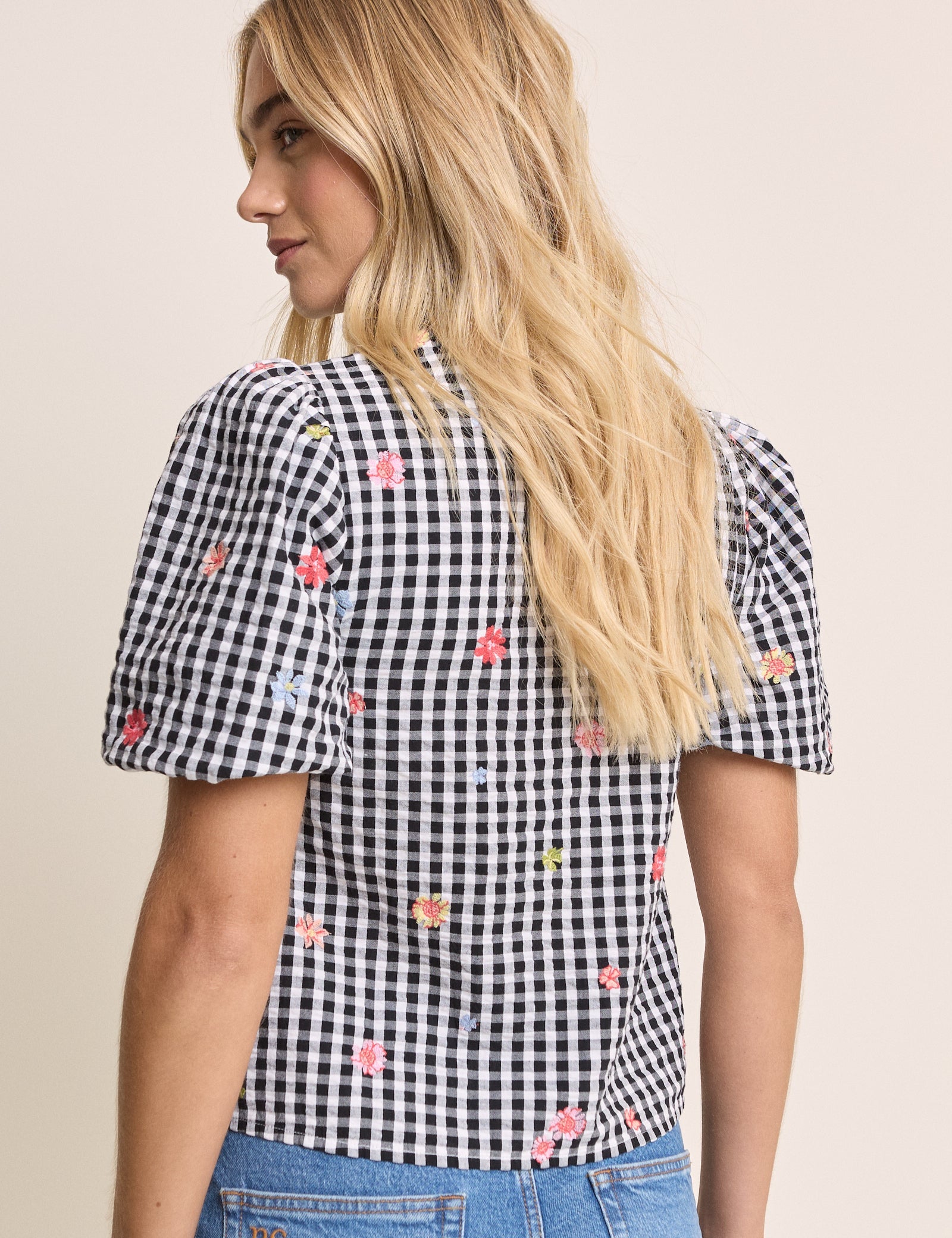 Black Gingham and Floral Puff Sleeve Top