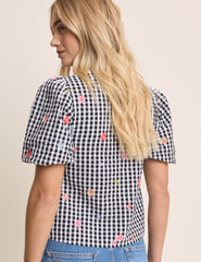 Black Gingham and Floral Puff Sleeve Top