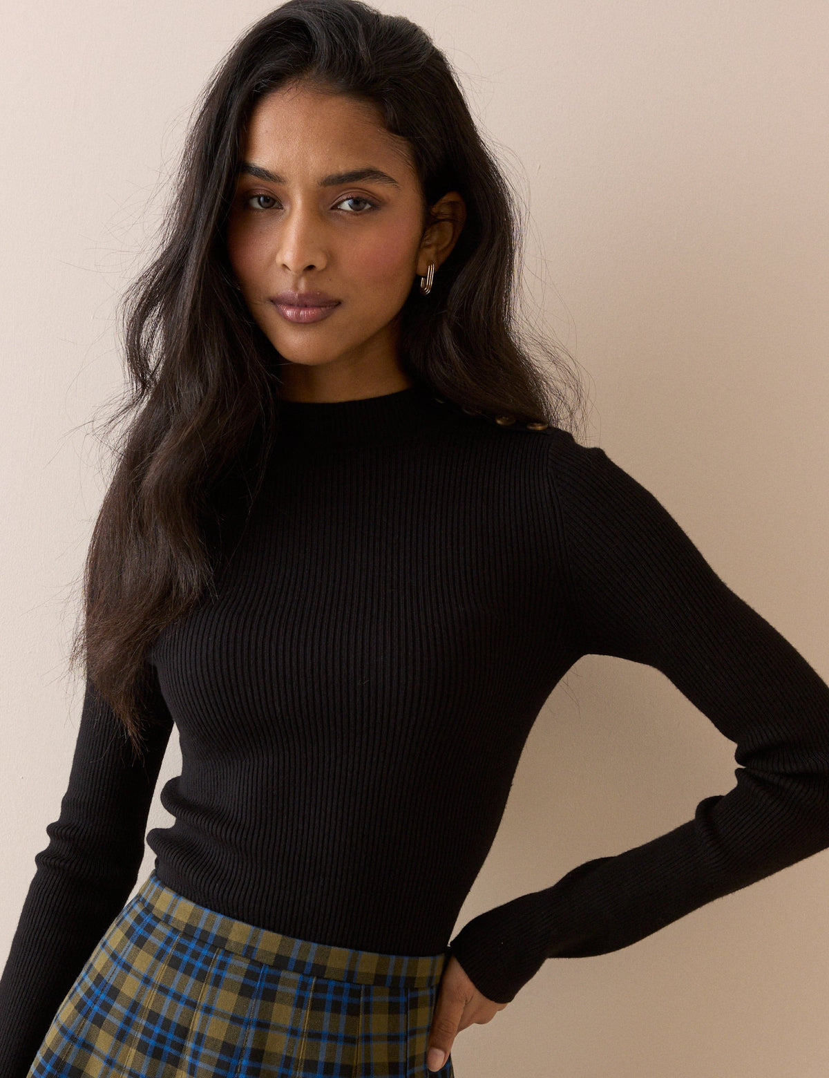 Black Ribbed Button Detail Top