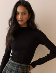 Black Ribbed Button Detail Top