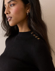 Black Ribbed Button Detail Top