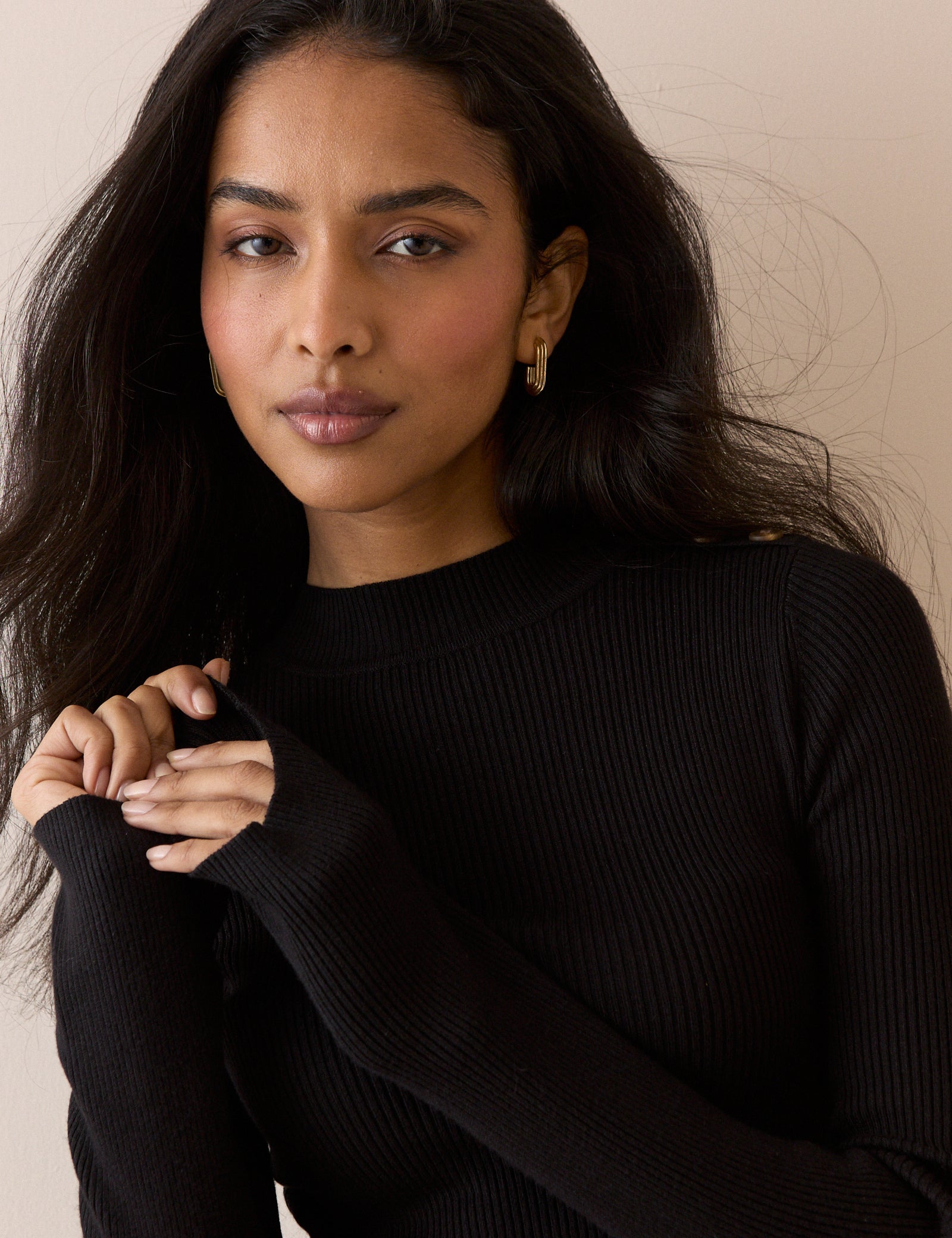 Black Ribbed Button Detail Top