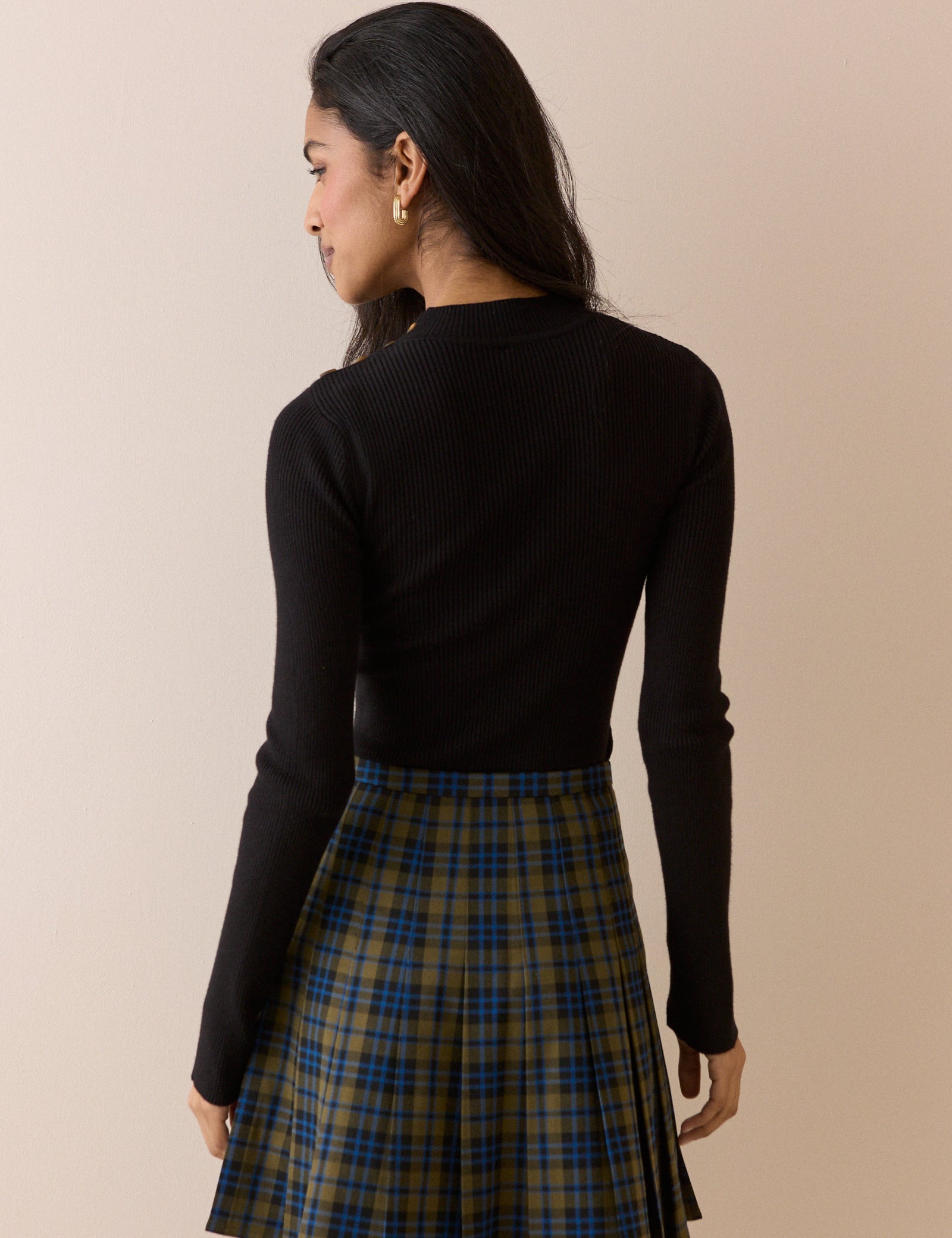 Black Ribbed Button Detail Top