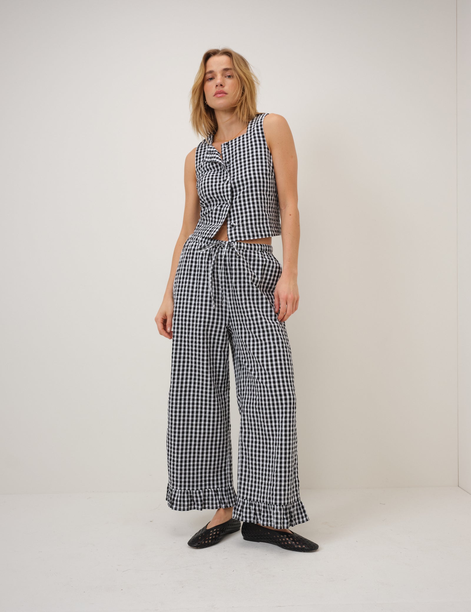Black Gingham Wide Leg Trousers