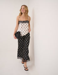 Black Polka Dot Lace Trim Satin Mila Midi Skirt
