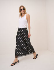 Black Polka Dot Lace Trim Satin Mila Midi Skirt