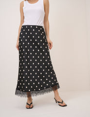 Black Polka Dot Lace Trim Satin Mila Midi Skirt