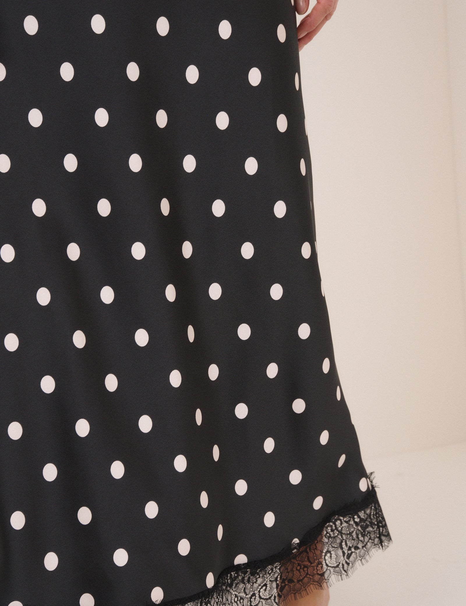 Black Polka Dot Lace Trim Satin Mila Midi Skirt