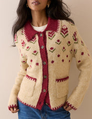 Beige and Red Floral Knitted Jacket