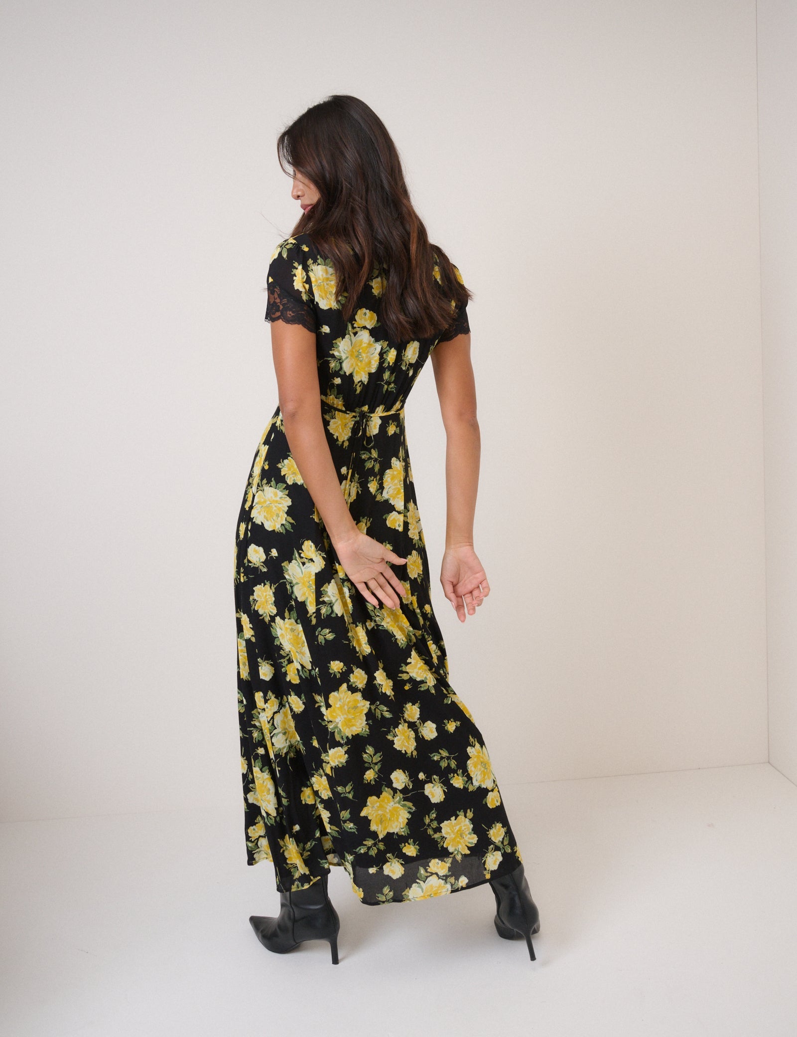 Black And Yellow Floral Morgan Midi Dress