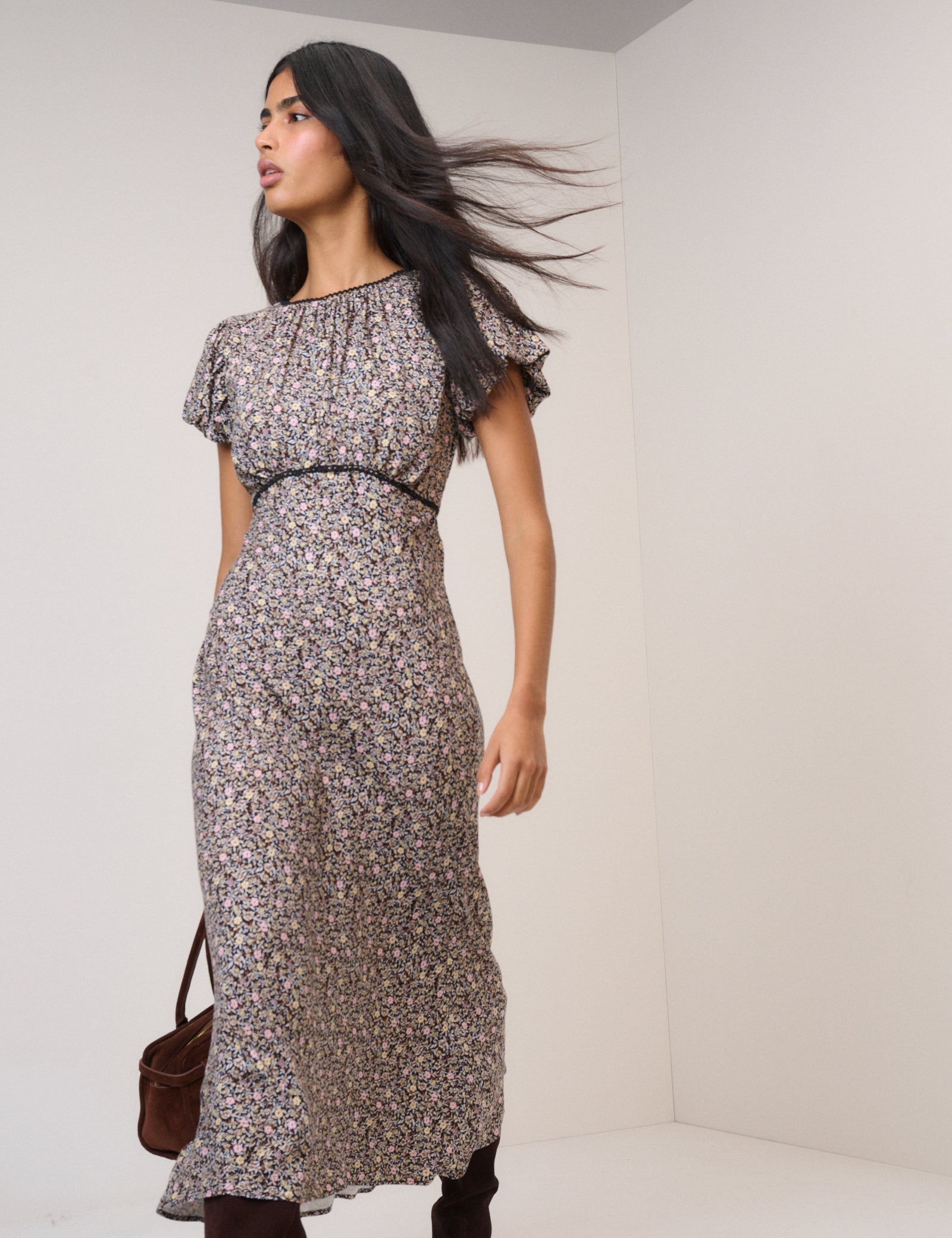 Black Floral Sicily Midi Dress